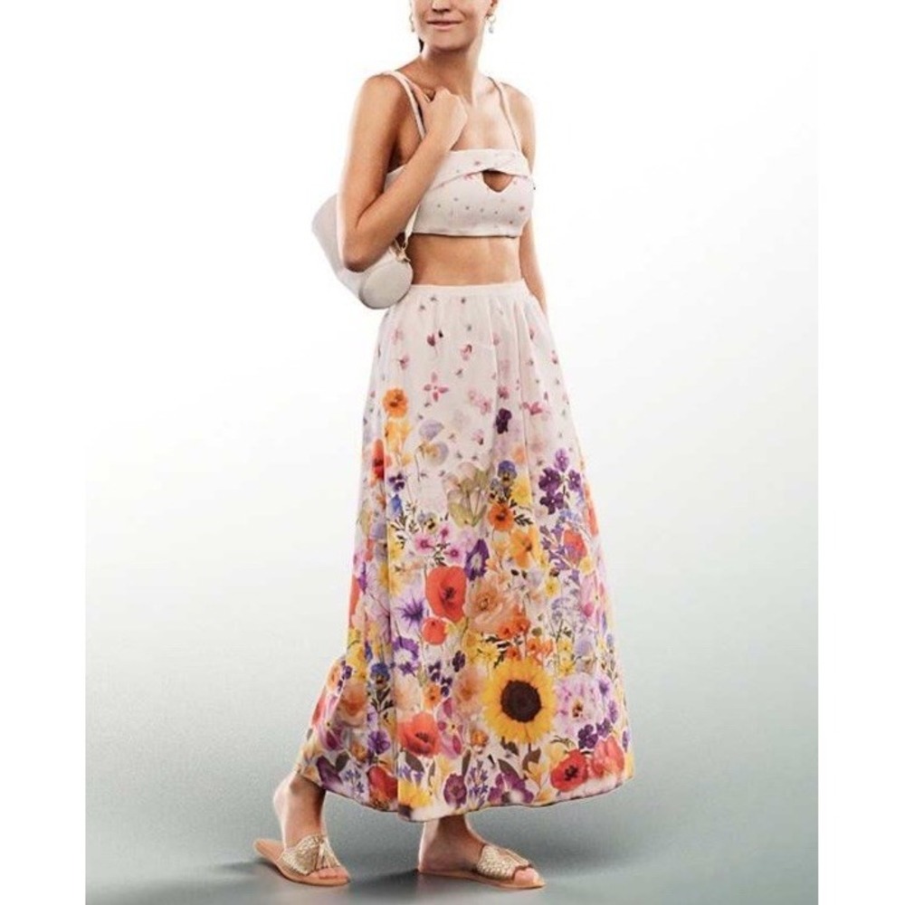 H&M Linen Blend‎ Midi Skirt A Line All Over Floral Print Size XS Garden Colorful